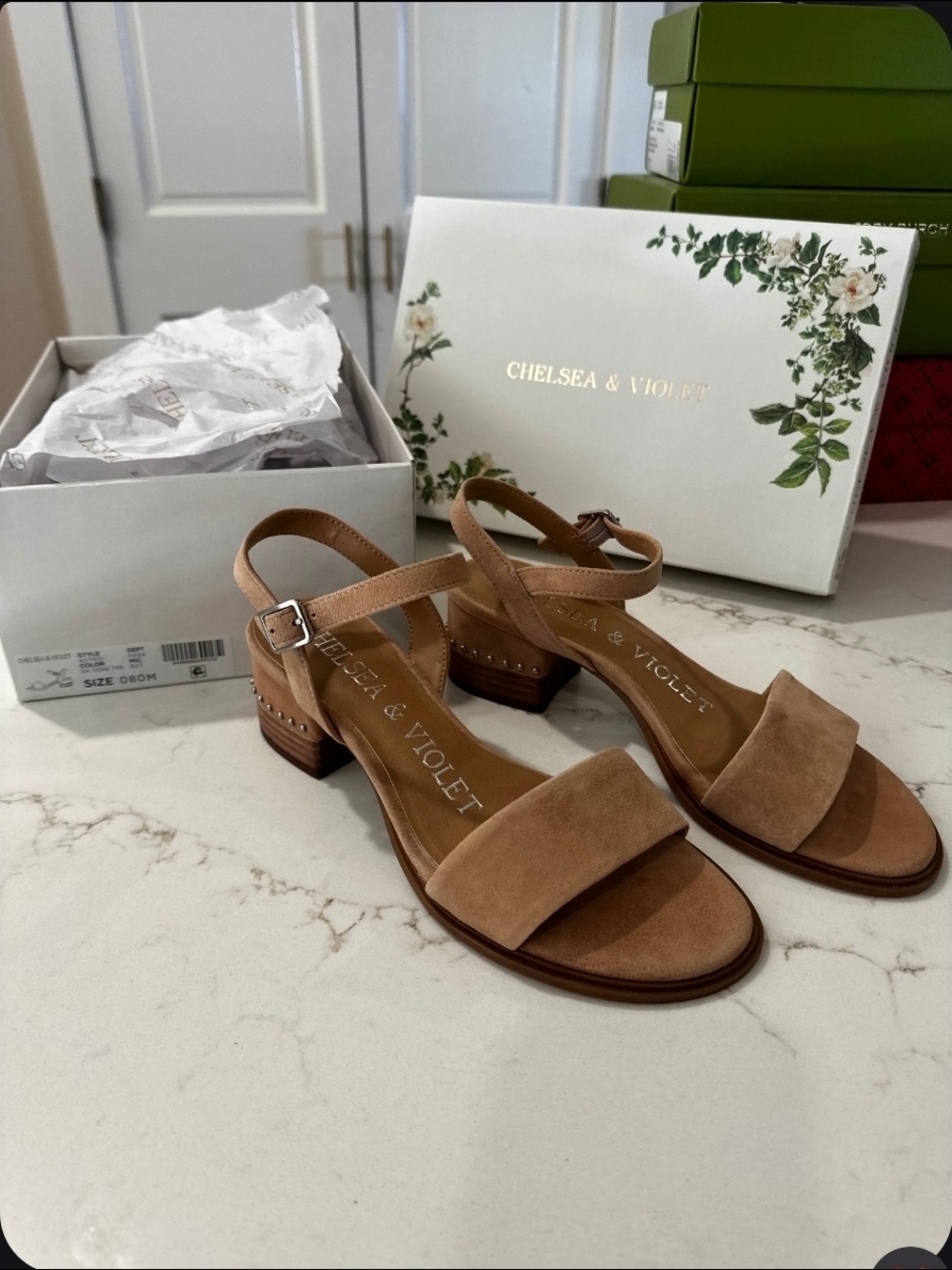 Chelsea & Violet Tan Suede Ankle-Strap Block Heel Sandals